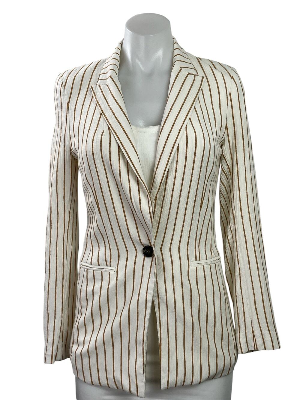 H&M Women's Cream Brown Long Sleeves Striped Single Button Blazer Coat Jacket 0